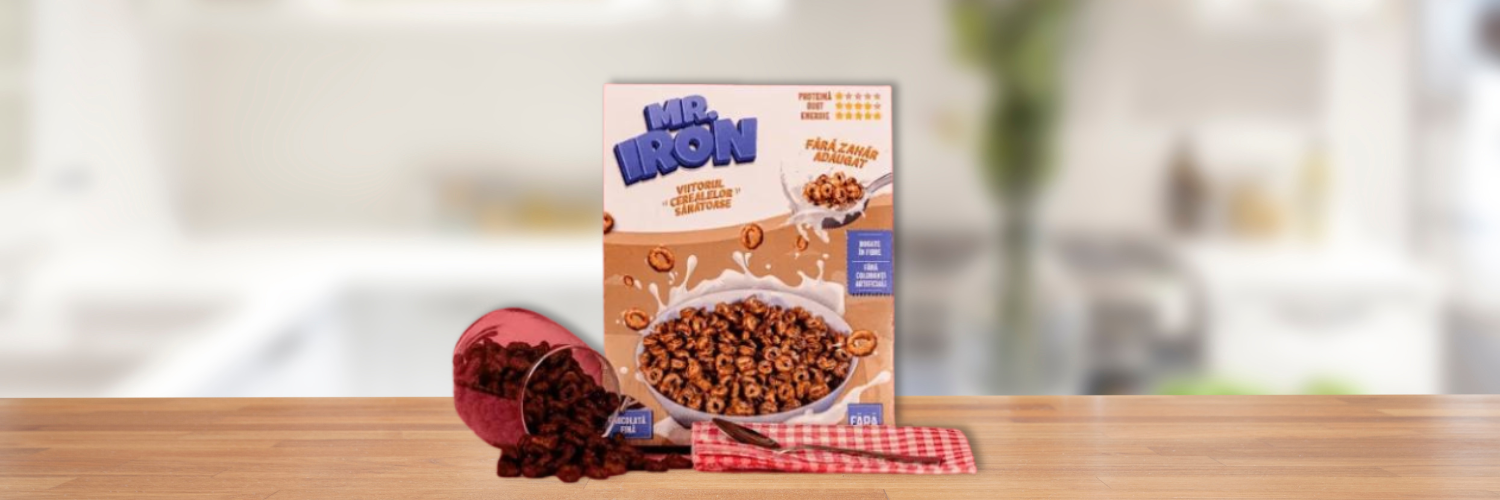 Cutie de cereale Mr. Iron cu ciocolata, asezata pe un blat de lemn alaturi de un bol transparent rasturnat cu cerealele varsate si o serveta rosie cu carouri